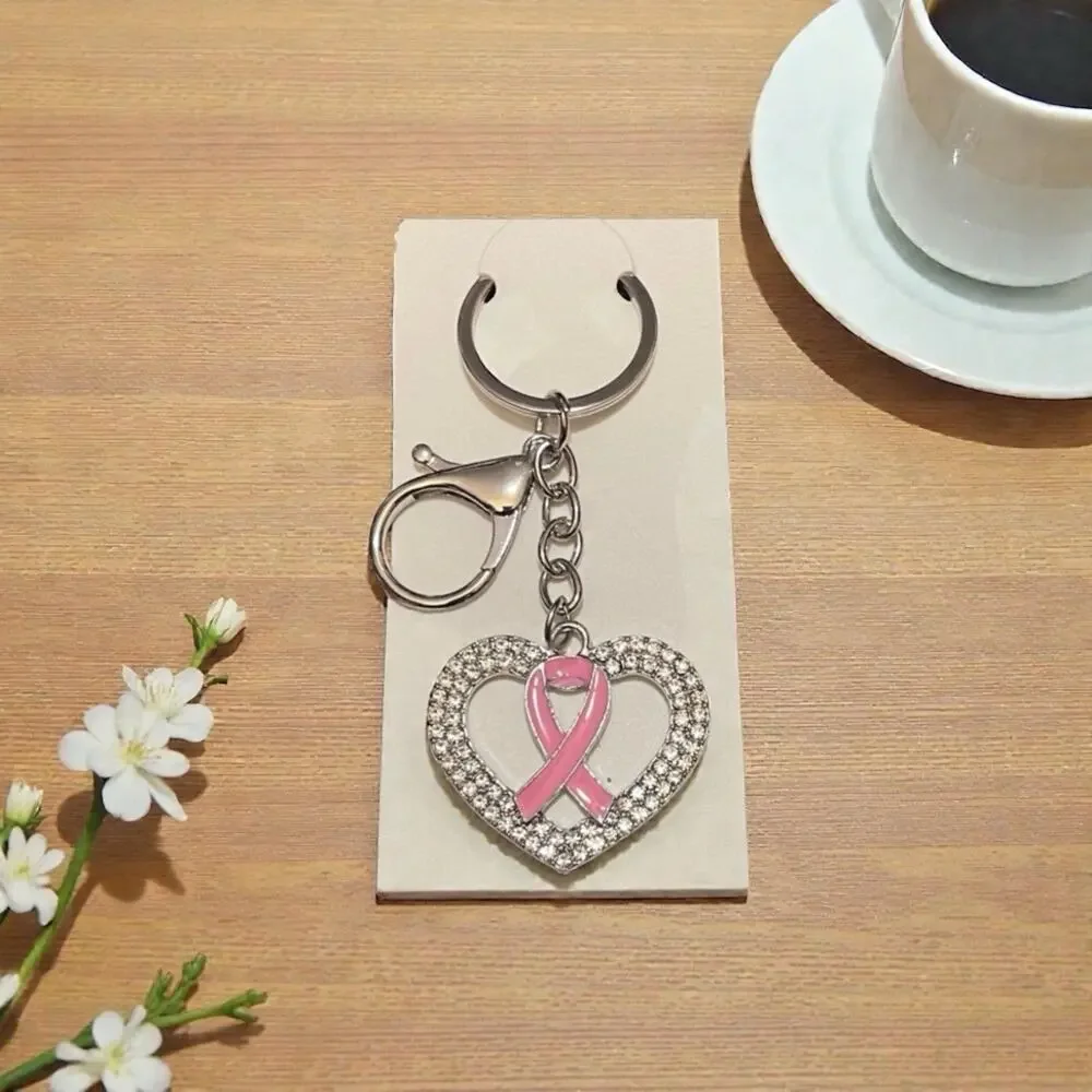 Heart‎ Shaped Crystal Keychain with Pink Breast Cancer Ribbon